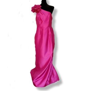 NWT Alfred Sung Oversized Flower One-Shoulder Satin Column Dress in Think Sz 8